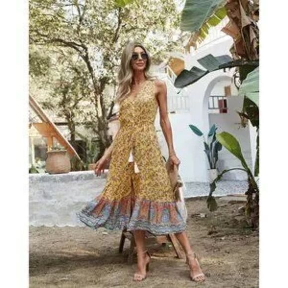 Floral Printed Yellow Midi Button Down Dress - Picture 1 of 3